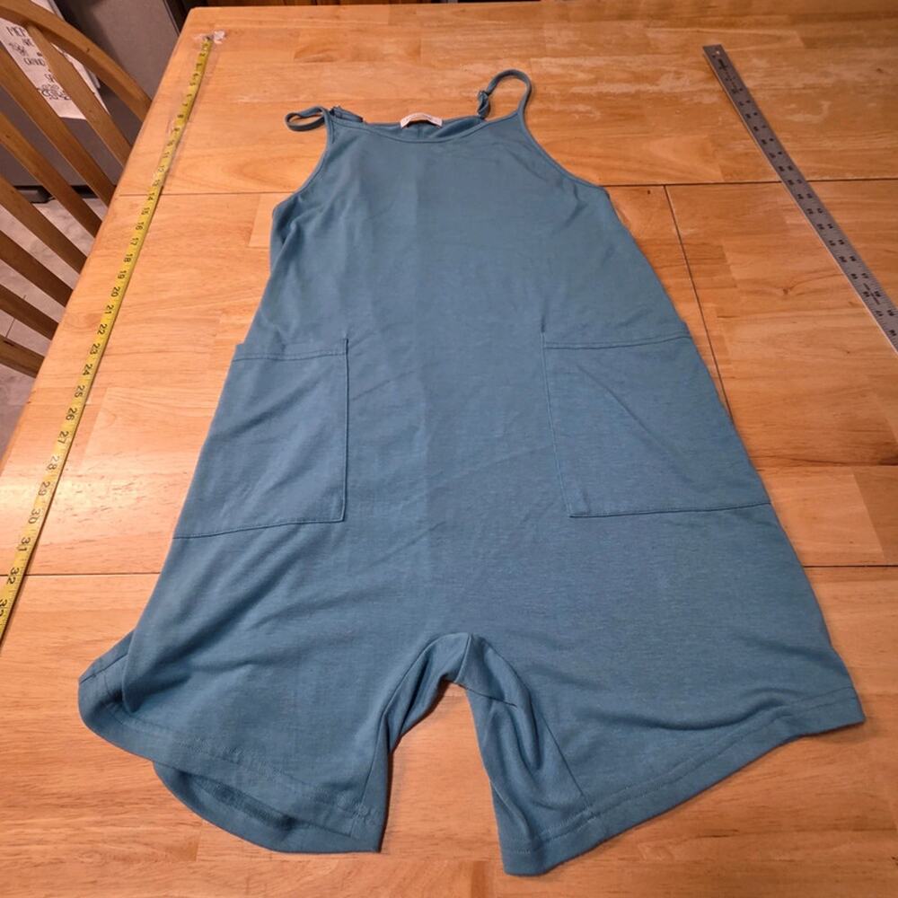 Boho Lagenlook Slouchy Romper Teal Relaxed Pocket Jumpsuit Adjustable Strap S